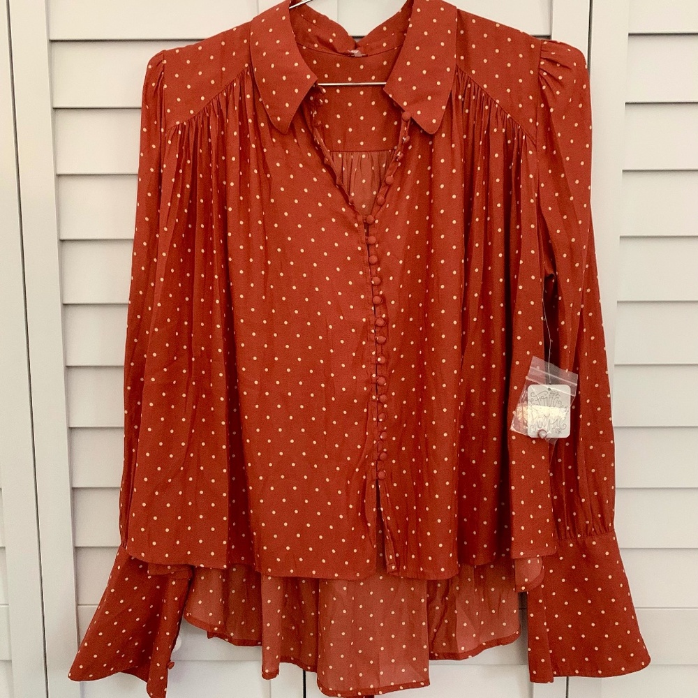 Free People Orange Polka Dot Blouse Size Small